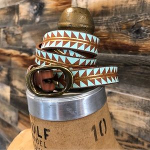 Women’s J Crew Leather Belt, Size L, Turquoise Aztec Design